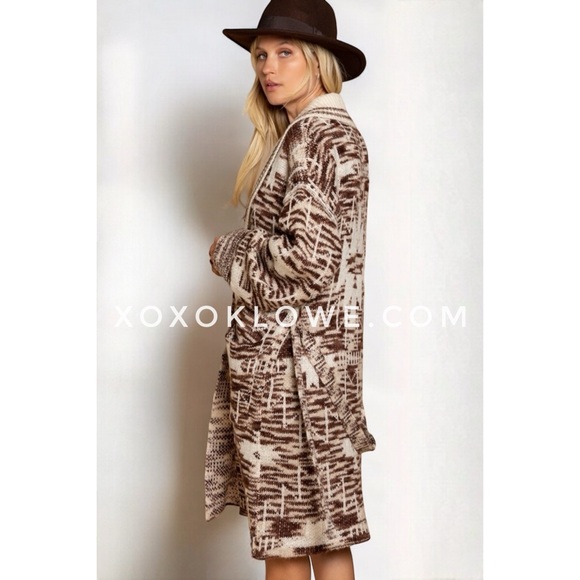 POL Beige + Brown Southwestern Patterned Mid Length Belted Cardigan - Picture 5 of 12
